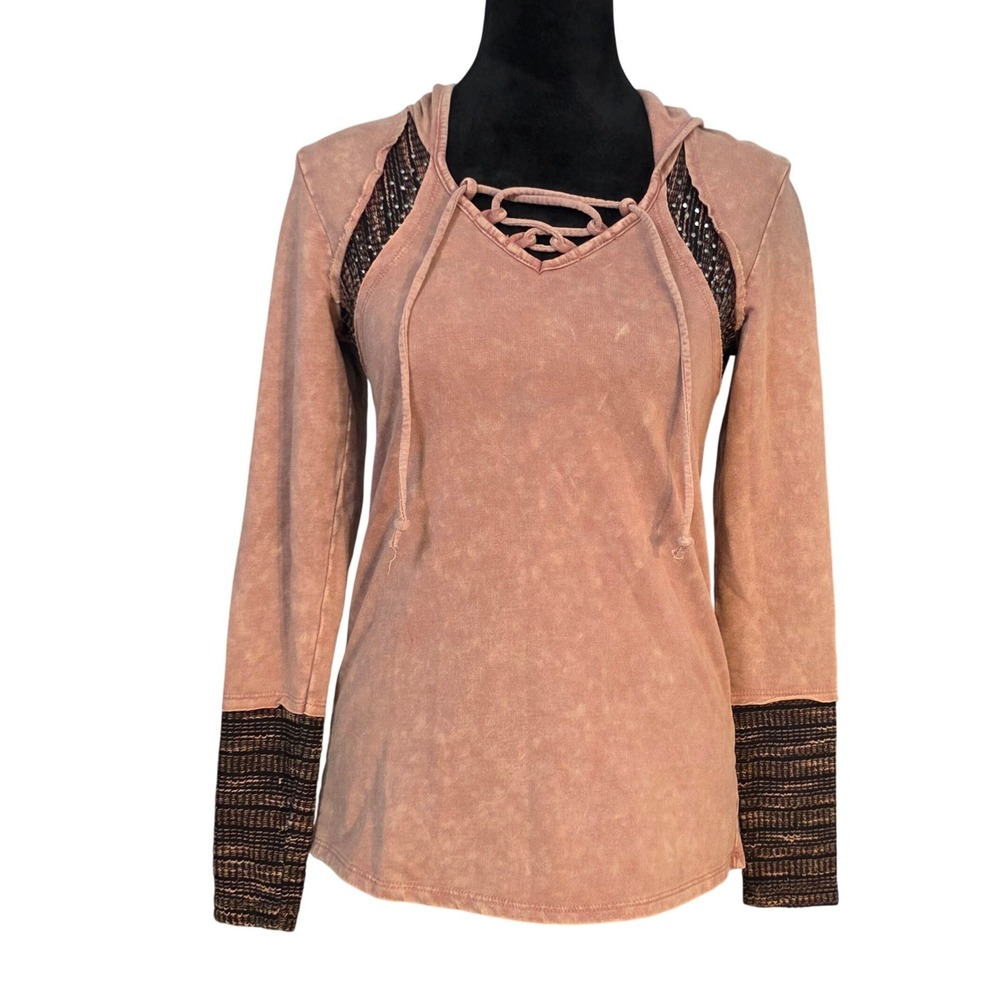 Venus Womens Mauve Acid Wash Rhinestone Lace Up Hoodie Top XS Y60546